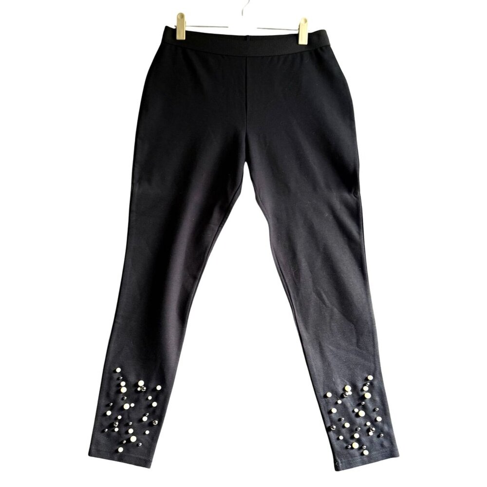 Nordstrom Stretch Pearl Embellished Skinny Leggings Women's Medium Black Pull on